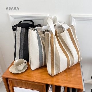 Asaka กระเป๋าถือ กระเป๋าสะพายไหล่ ผ้าแคนวาส ลายทาง ขนาดเล็ก จุของได้เยอะ เรียบง่าย สไตล์เรโทร สําหรับสตรี