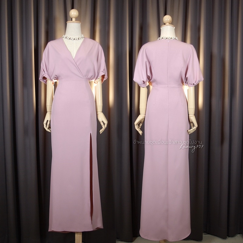 FN4101 เดรสราตรีแขนสามส่วนพรางต้นแขน เรียบหรู ชุดไปงานแต่ง เดรสเพื่อนเจ้าสาว ผ้าครีพเกาหลี มุมมองที่ 6