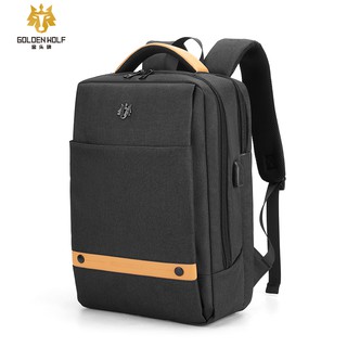 【จัดส่งเร็ว ใน1วัน】 Golden Wolf USB charging แฟชั่นกระเป๋าเป้สะพายหลังสำหรับผู้ชาย แล็ปท็อป Men Laptop Backpack