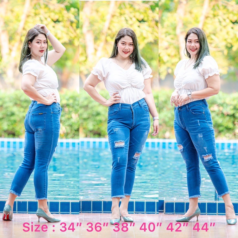 plus-size-เอว34-44-กางเกงยีนส์สาวอวบทรงบอย-แต่งกระดุมที่เอว-ใส่สบายมาก