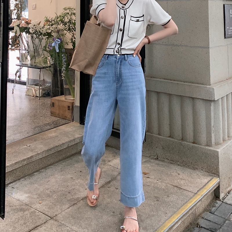 xs-xl-กางเกงยีนส์สีน้ำเงินผู้หญิงขนาดใหญ่หลวมตรงเก้าจุดเอวสูงบางกางเกงขากว้างเกาหลี-ins