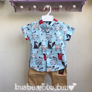 ชุดละ 180 บาท ชุดเซ็ตเด็กผู้ชาย 6 เดือน ถึง 3 ขวบ เสื้อเชิ้ต พิมพ์ลายหมาจิ้งจอก กางเกงขาสั้น