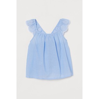 H&amp;M ชุดเด็ก เสื้อเด็กผู้หญิง สีฟ้าลายริ้ว เปิดหลัง แต่งลูกไม้ฉลุ ผ้าคอตต้อน ชุดหน้าร้อน
