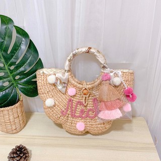 Flower Bag 🌸 โทนสีชมพู 💗 แต่งปอมๆ พู่ ผ้าพัน ติดชื่อไม่จำกัดอักษร