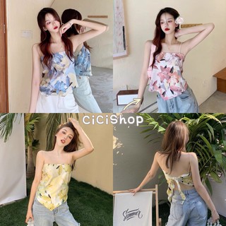 Cicishop(6063)สายเดี่ยวทรงสามเหลี่ยม ผูกด้านหลัง ผ้าชีฟองหนาแน่นพิมพ์ลาย ใส่ได้ทั้งสองด้านเก๋ๆ