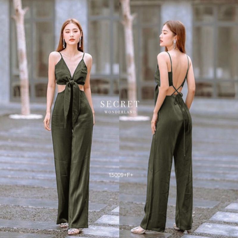 tw15009-jumpsuit-จั้มสูทสายเดี่ยว-อกผูกโบว์สายเดี่ยวผูกแบบไขว้ด้านหลัง-เอวสม็อคหลัง-มีซิปหลัง-งานผ้าซ่าร่า-พร้อมส่ง