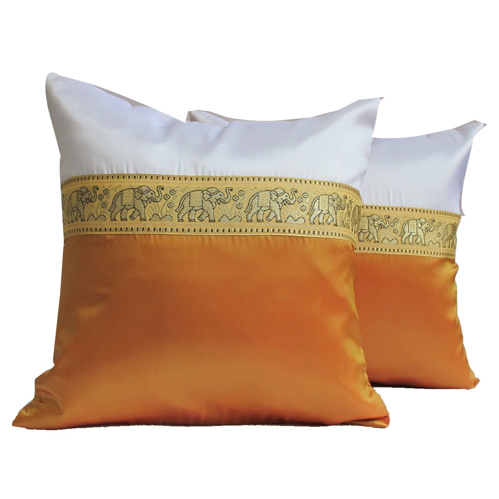A19Thai Silk Pillow Covers ปลอกหมอนอิง ไหมไทยลายช้าง Two Tone 16×16 นิ้ว 1 คู่ สีขาวทอง