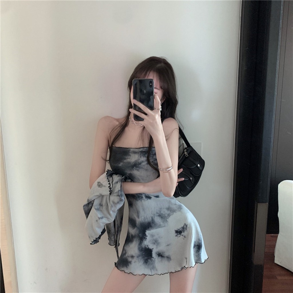 fc-พร้อมส่ง-ชุดเซ็ต2ชิ้น-ลายมัดย้อม-มินิเดรสเกาะอก-เสื้อคลุมแขนยาวทรงครอป-แฟชั่น