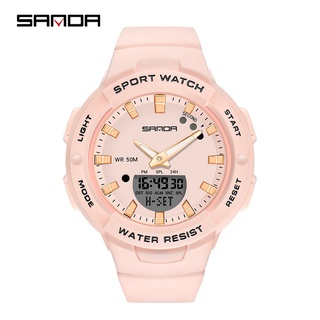 สินค้า SANDA 6005 นาฬิกาผู้หญิง นาฬิกาสปอร์ตสุภาพสตรี กันน้ำ มัลติฟังก์ชั่นนาฬิกาปลุกส่องสว่าง 24 ชั่วโมงสัปดาห์เดือน