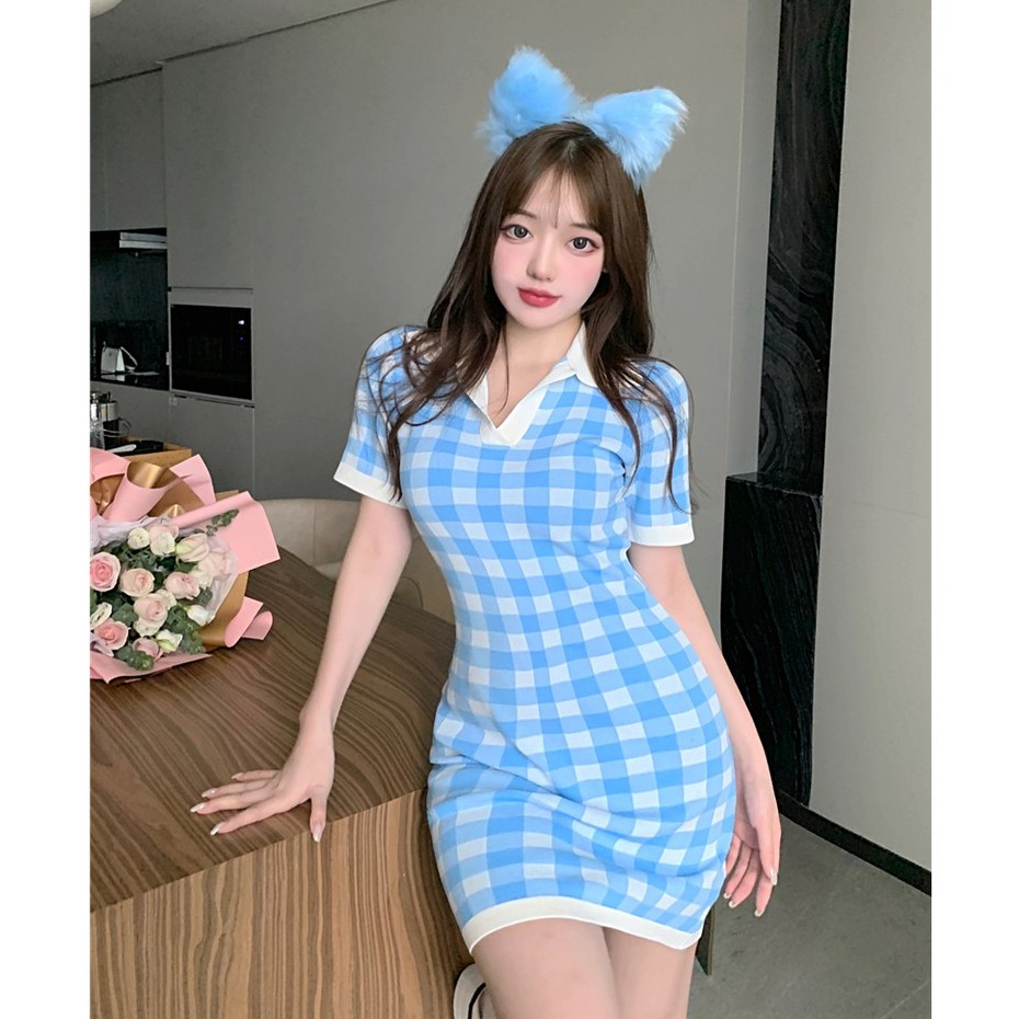 chuuchop-พร้อมส่ง-c6994-rasburry-mini-polo-dress-มินิโปโลเดรสลายสก็อตสีฟ้า