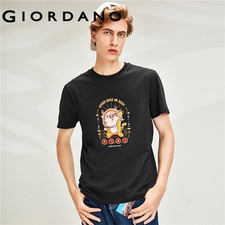 Giordano men T-Shirts Printed Cotton Summer Casual T-Shirts Ribbed Crewneck Short Sleeves Solid T-Shirts