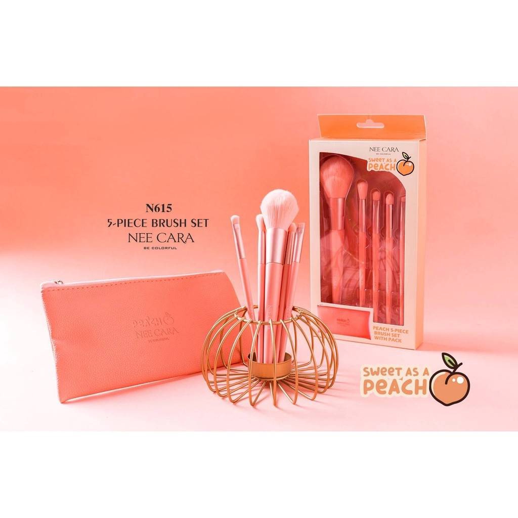 ของแท้-ส่งด่วน-ถูก-nee-cara-peach-5pcs-brush-set-n615-neecara-ชุด-แปรง-แต่งหน้า-พีช-5ชิ้น-กระเป๋า-dayse