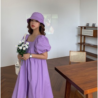 (Preorder) Bubble sleeve square collar mid-length dress set