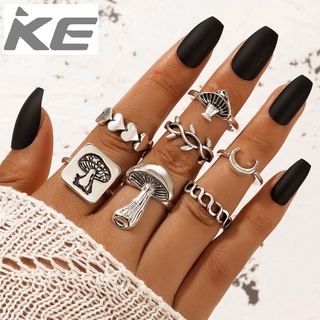 Jewelry Ring Mushroom Love Moon Leaves Ancient Silver 7 Piece Rings for girls for women low pr