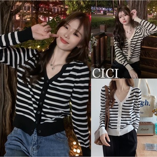 สินค้า Cici(23149)เสื้อไหมพรมคอวีคานิแกน ทอลายทางเนื้อผ้ายืดได้เยอะ สไตล์เกาหลี