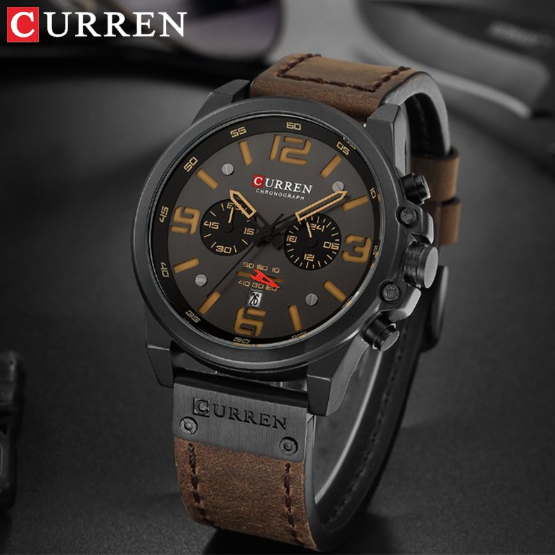curren-นาฬิกาผู้ชายนาฬิกาแฟชั่นเครื่องหนังทหารสายวันที่นาฬิกาควอทซ์กันน้ำ-8314x