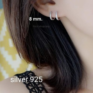 (silver 925)ต่างหูห่วงเงินแท้ ฝังเพชร(วงใน 5-12mm.หนา 2 mm.)  (ราคาต่อ 1คู่)