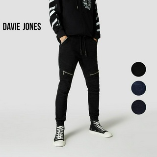 DAVIE JONES กางเกงจ็อกเกอร์ ยีนส์ เอวยางยืด ขาจั๊ม สีดำ Drawstring Denim Joggers in black GP0136BK 135DN 140NV