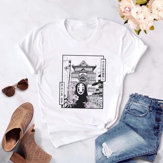 เสื้อยืด พิมพ์ลาย Spirited Away ไม่มีหน้า สําหรับผู้หญิง ​เสื้อยืดแขนสั้น พิมพ์ลายการ์ตูนอนิเมะ เข้ากับทุกการแต่งกาย แฟช