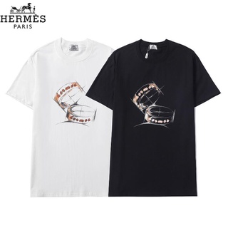 【hot sale】Hermes เสื้อยืดแฟชั่นสําหรับ Unisex ผ้าฝ้ายแขนสั้นพิมพ์ลาย