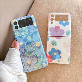 เคสโทรศัพท์มือถือแข็ง ลายการ์ตูนภาพวาดสีน้ํามัน รูปดอกไม้สีฟ้า สําหรับ Samsung Galaxy Z Flip 3 4 5G Zflip3 Flip4