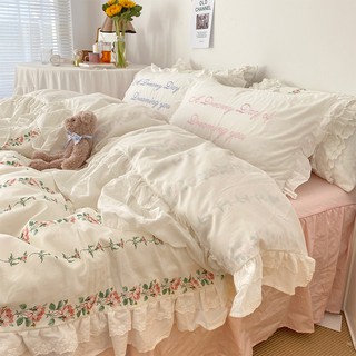 ชุดผ้าคอตตอนลายดอกไม้เกาหลีสไตล์เจ้าหญิงอ่อนโยนสี่ชิ้นในกระโปรงผ้าฝ้ายขนาดเล็กผ้าปูเตียงผ้าลินิน