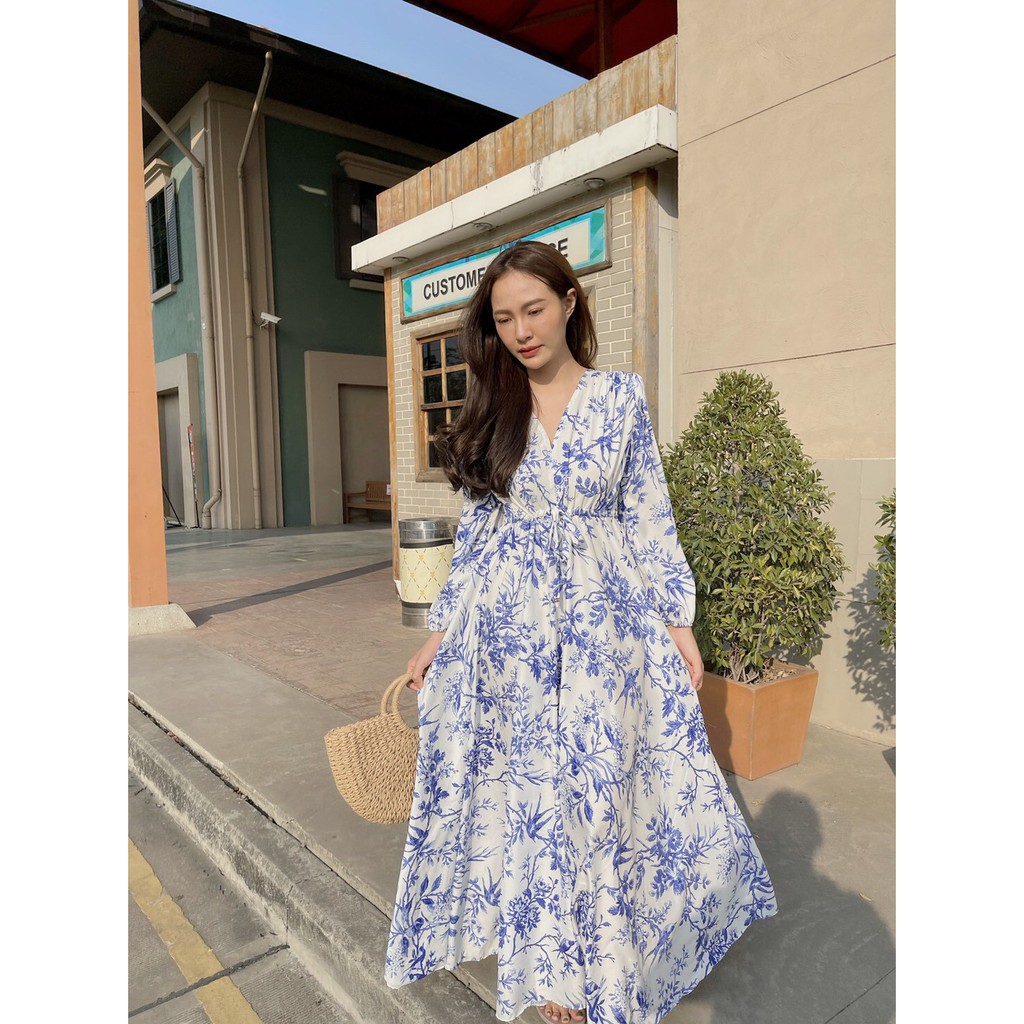 al1001-แมกซี่เดรสยาวแขนยาวคอวี-เอวรูดปรับสัดส่วนของเอวได้เอง-กระโปรงย่นรอบตัว