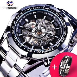 Forsining Watch + Bracelet Set Combination Silver Stainless Steel Mens Skeleton Transparent Mechanical Male Wrist Watch