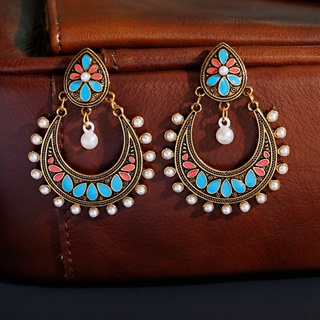 Jhumka ต่างหูระย้า ประดับมุก รูปดอกไม้ สีฟ้า สไตล์โบฮีเมียน วินเทจ สีทอง เครื่องประดับแฟชั่นสตรี