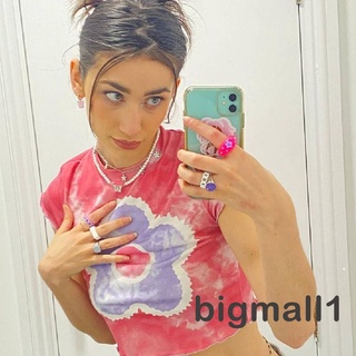 BIGMALL-Women Floral Print Tops, Sexy Short Sleeve Crew Neck Slim Fit Tie Dye Crop T-Shirts