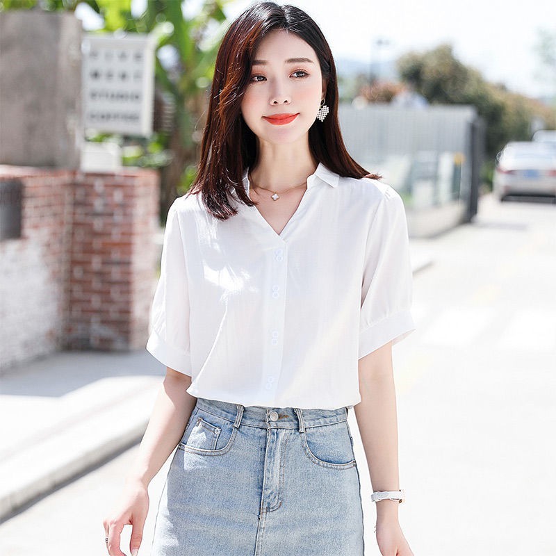 aiouwei-เสื้อชีฟองผู้หญิงเกาหลี-professional-สวมใส่เสื้อฤดูร้อนใหม่คอวีแขนสั้นเสื้อเชิ้ตสีขาวผู้หญิง