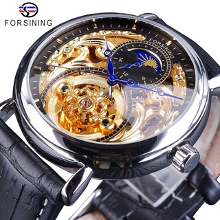 Forsining Golden Silver Mechanical Watches for Men Top Brand Luxury Black Genuine Leather Band Moonphase Fashion Blue Ha