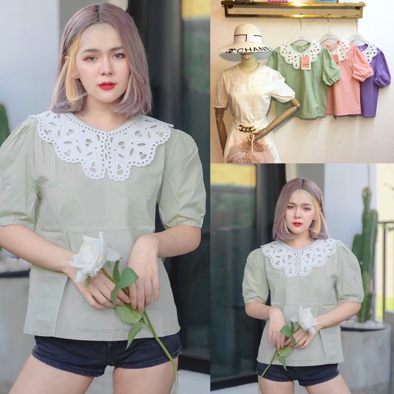 เสื้อแฟชั่น-เกาหลี-งานนำเข้า-แต่งคอลูกไม้-ฟรีไซส์-19