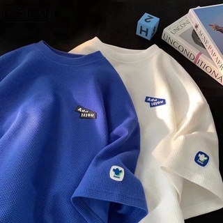 เสื้อยืด ทรงหลวม ขนาดใหญ่ พิมพ์ลายวาฟเฟิล สไตล์เกาหลี เหมาะกับฤดูร้อน สําหรับผู้ชาย