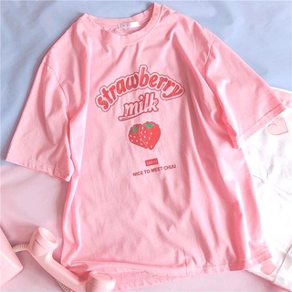 【Hot】Sweet Strawberry Milk Cute Cartoon Graphic Pink Girls Summer Streetwear Casual Top Japan Fun Kawaii Casual Vintage