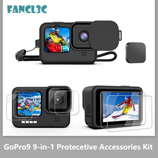 【In Stock】9pcs อุปกรณ์เสริมสำหรับชุด GoPro 10 GoPro 9 ซิลิโคนแขนป้องกันกรณีที่มีหน้าจอเชือกเส้นเล็ก + 6pcs กระจกเลนส์ Protector + 2PCS ฝาครอบเลนส์ปกคลุมสำหรับ Go Pro 10 สีดำ