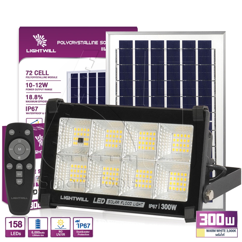 LIGHTWILL ไฟโซล่าเซลล์ ไฟสปอร์ตไลท์ 300W สีขาว (DayLight) / วอร์มไวท์ ...
