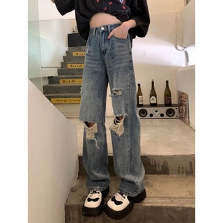 กางเกงยีนส์ เอวสูง ขาบานแบบขาดๆ สไตล์เกาหลี กางเกงยีนส์ขายาว สวยๆเก๋ๆ
