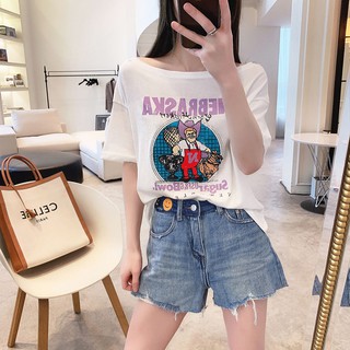 เสื้อยืดผ้าฝ้ายแขนสั้นพิมพ์ลายการ์ตูนแฟชั่นสตรี