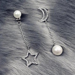 Luxury CZ Imitation Pearl Star Moon Asymmetry Long Earrings Elegant Lady Jewelry