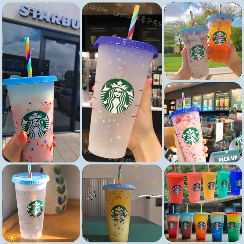 starbucks-cup-tumbler-discolor-confetti-reusable-plastic-tumbler-cold-cup-with-lid-and-straw-seven-color-rainbow-straw-cup-710ml-24oz-flowerdance