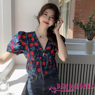 Demonlores- เสื้อครอปท็อป คอวี แขนสั้น ทรงหลวม พิมพ์ลายดอกกุหลาบ แฟชั่นฤดูร้อน สําหรับผู้หญิง