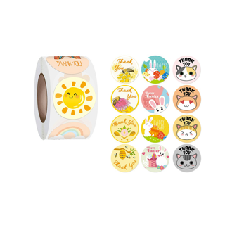 สติ๊กเกอร์ขอบคุณ ลายการ์ตูนน่ารัก [ม้วนละ 500 ดวง] Thankyou Sticker