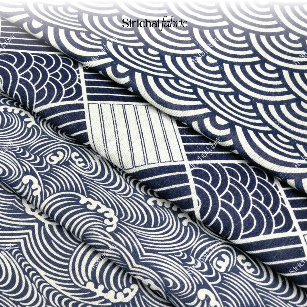 ภาพหน้าปกสินค้าผ้าคอตต้อนลินิน เนื้อหนา ลายคลื่นทะเลสไตล์ญี่ปุ่น หน้ากว้าง 60 นิ้ว ผ้าเมตร ผ้าหลา