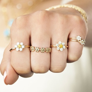 สินค้า แหวนชุบทองแดง 18K ประดับเพทาย รูปดาว ดอกไม้ สองสี เครื่องประดับแฟชั่น สําหรับผู้หญิง