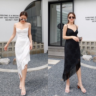 DOUBLEJSHOP Glam women dress ชุดเดรสสายเดี่ยว ดีเทลกุยกรายปลายเดรสมีพู่ ใส่ไปเดท ทานข้าว ด้านหลังเป็นยางยืดมีซิปด้านหลัง
