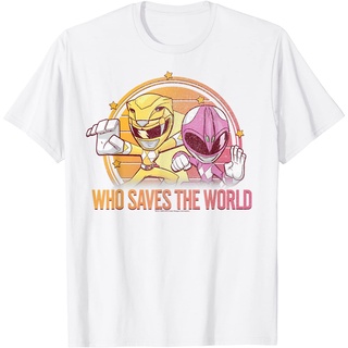 เสื้อยืดโอเวอร์ไซส์เสื้อยืด พิมพ์ลาย Pink &amp; Yellow Ranger Who Saves The World Power Rangers สีชมพู และสีเหลืองS-3XL