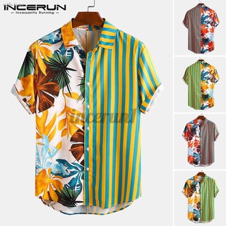 incerun เสื้อเชิ้ตแขนสั้นลายดอกไม้ทรงหลวมสําหรับผู้ชาย