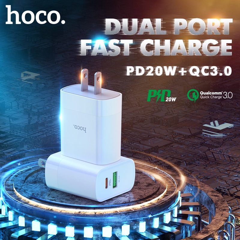 Hoco C80 Series ที่ชาร์จ 2 USB PD20W QC3.0 พินแบน US พร้อมสายชาร์จ Type ...
