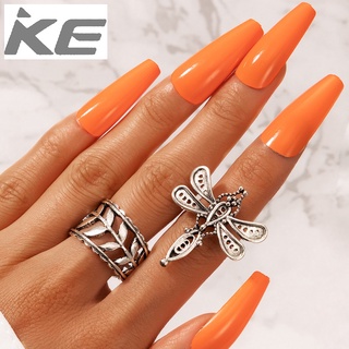 Creative Jewelry Simple Geometric Hollow Ancient Silver Leaf Dragonfly Ring 2-Piece Set for gi